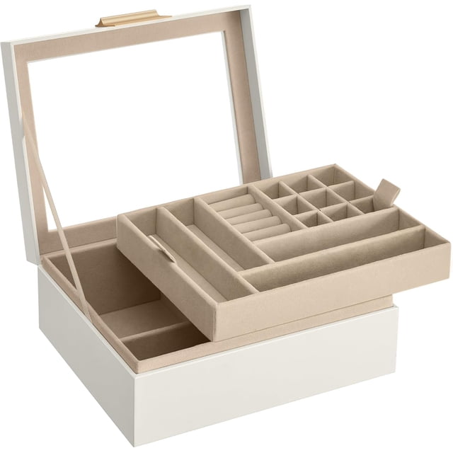 SONGMICS Caja de Joyas, Caja Joyero de 2 Niveles con Bandeja Extraíble, Estuche de Joyería, con 2 Cajones, Tapa de Cristal, Regalo Ideal, Estilo Moderno, Blanco Nube y Dorado Metálico