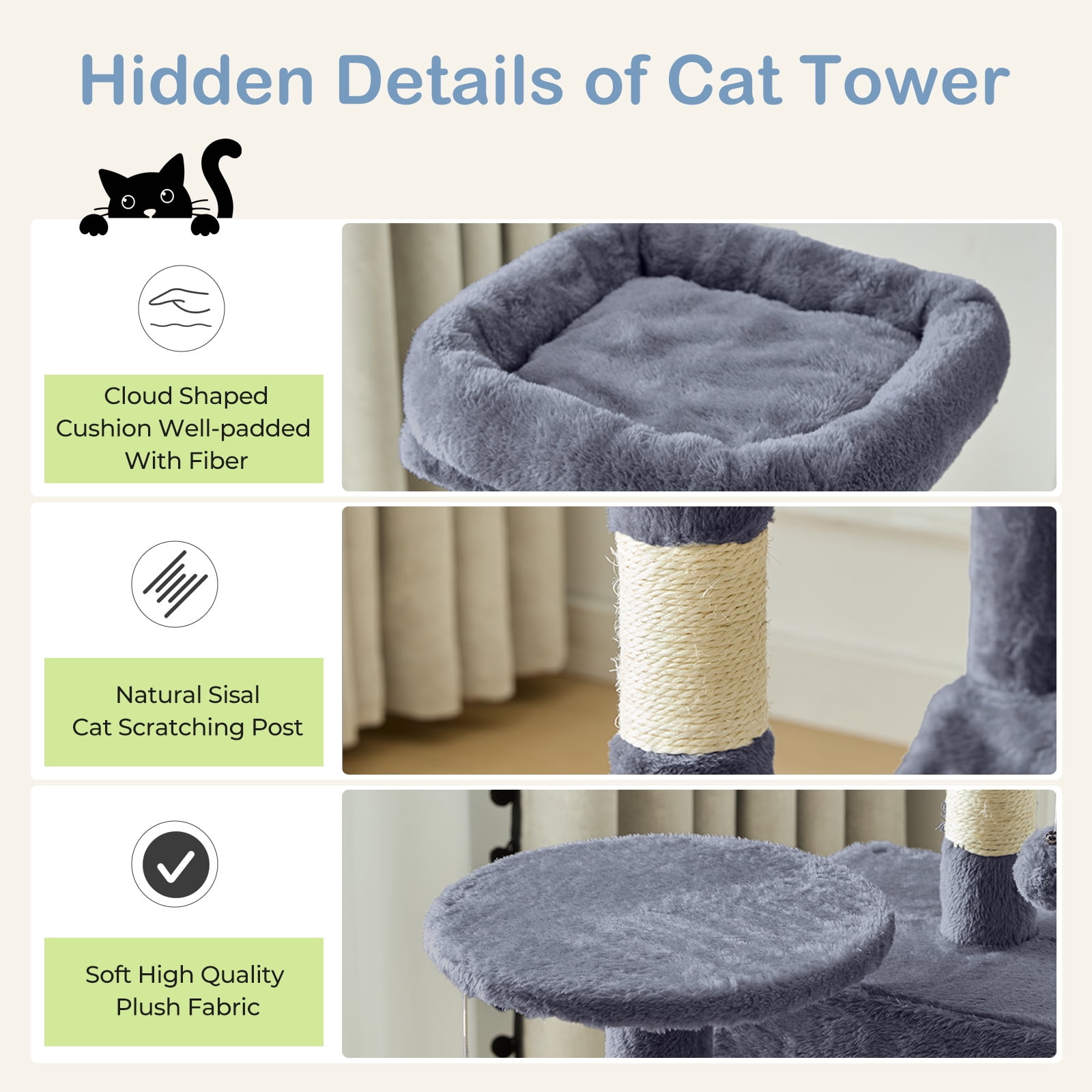 GIANNA 44-Inch Cat Tower with Large Condo, Climbing Ladder, and More Cat Stuff, Grey