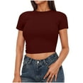 thumbnail image 3 of Olyvenn Women's Basic Teen Tee Workout Crewneck Short Sleeve Slim Fitted Casual Crop Top Lightweight Layer Yoga Tee Blouses Wine L, 3 of 7