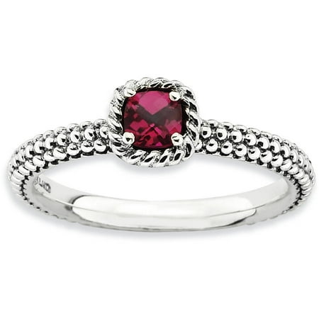 - Checker-Cut Created Ruby Sterling Silver Antiqued Ring