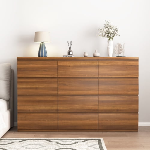 DRNANLIT Modern Wood 12 Drawers Double Dresser, Large Storage Chest of Drawers for Bedroom, Living Room, Closet & Hallway, Walnut