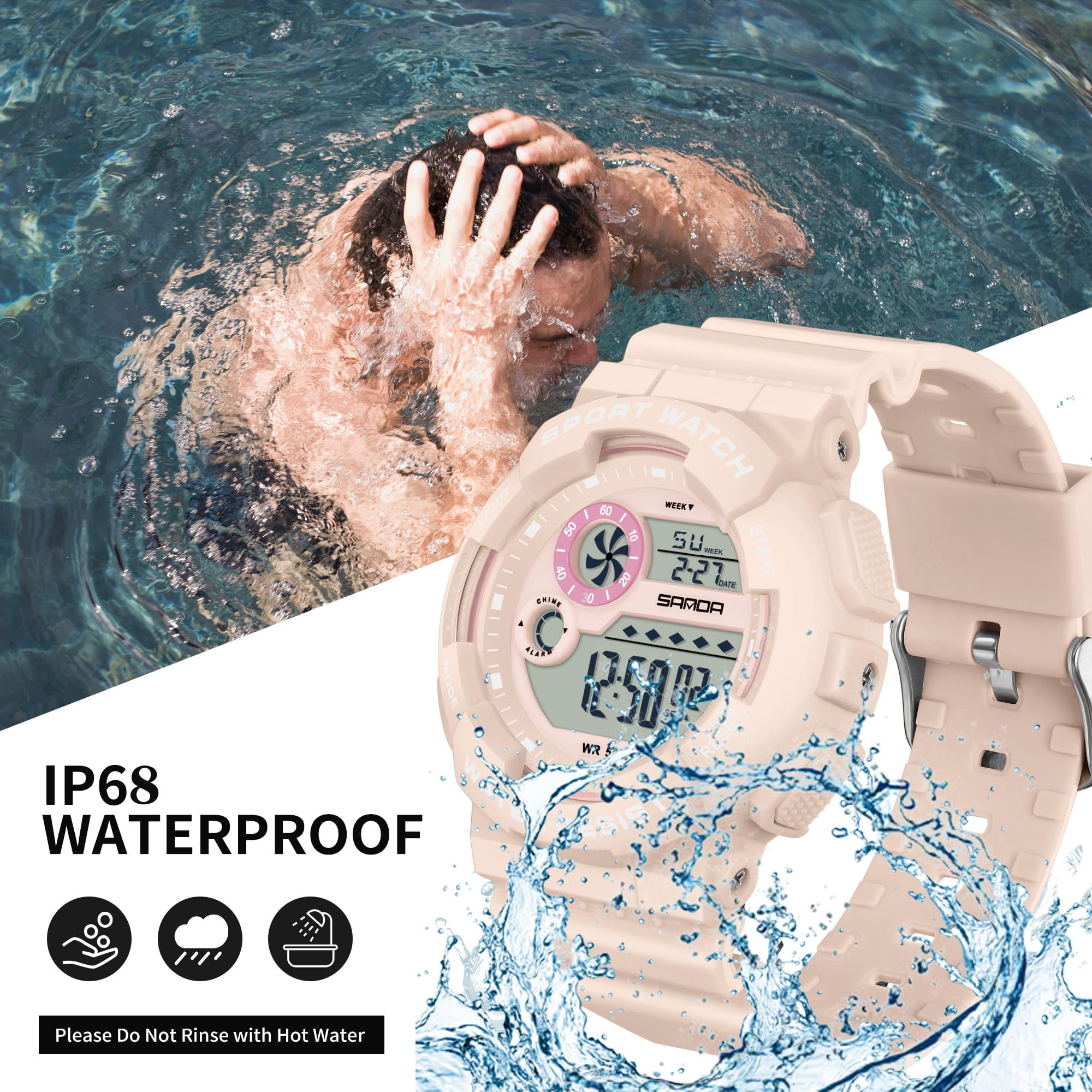 Findtime Digital Watch Womens Sport Waterproof White Wrist Watches for Women with Alarm Stopwatch Hourly Chime LED Display 12H/24H Calendar
