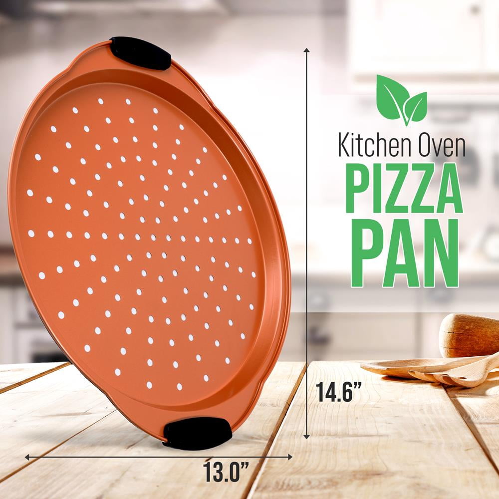 NutriChef Non-Stick Pizza Tray - with Silicone Handle, Round Steel Non-stick Pan with Perforated Holes, Premium Bakeware, Pizza Tray with Silicone and Oversized Handle, Dishwasher Safe - NCBPIZ4