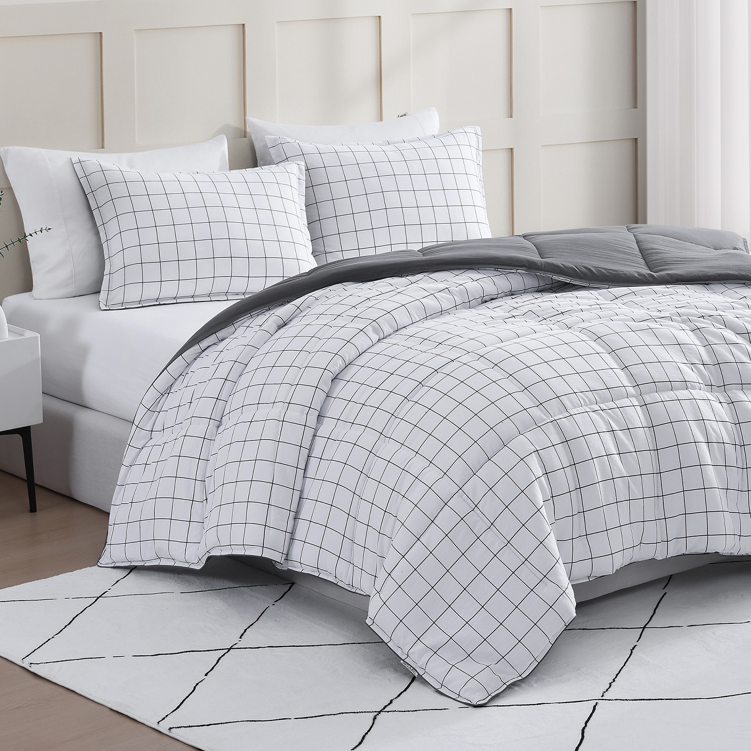 Casa Platino Comforter Set King- Fluffy Duvet Insert King Size - Pre-Washed Hydro-Brushed 100% Microfiber Comforter Set King Size - Comfy Bedding King Size Comforter Set- Windowpane Charcoal