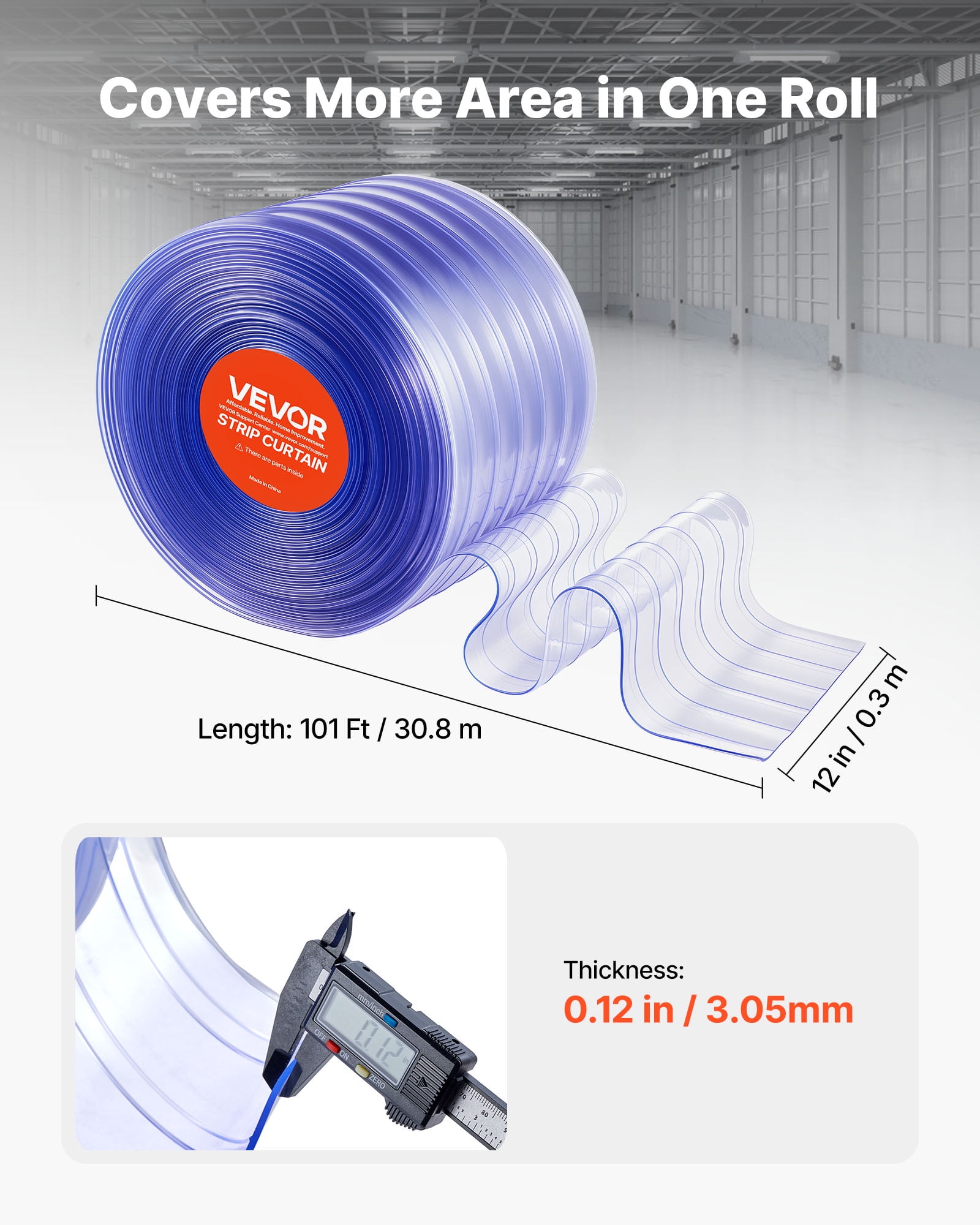 VEVOR Clear PVC Strip Curtain, 101 ft Length x 12 in Width, Ribbed Plastic Door Strip Bulk Roll, Walk in Freezer Cooler Curtain Strips for Doorways of Supermarket, Garage, Warehouse, Pet Animal House