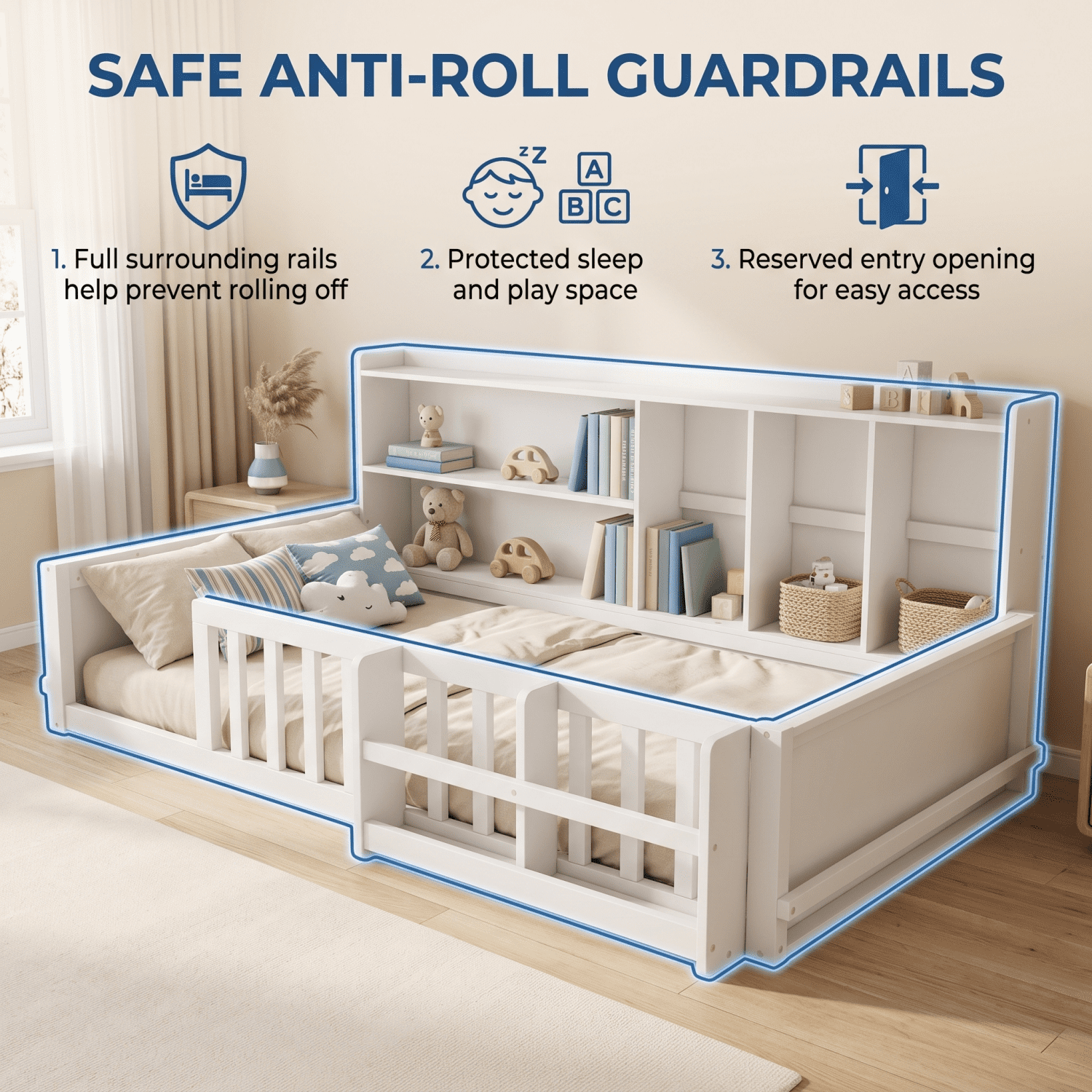 Miniyam Twin Size Floor Bed, Kids Wood Bed Frame with Guardrails, Side Bookshelf, White