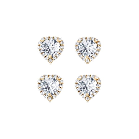 Paris Jewelry 18k Yellow Gold 1Ct Heart White Sapphire Set of Two Halo Stud Earrings Plated