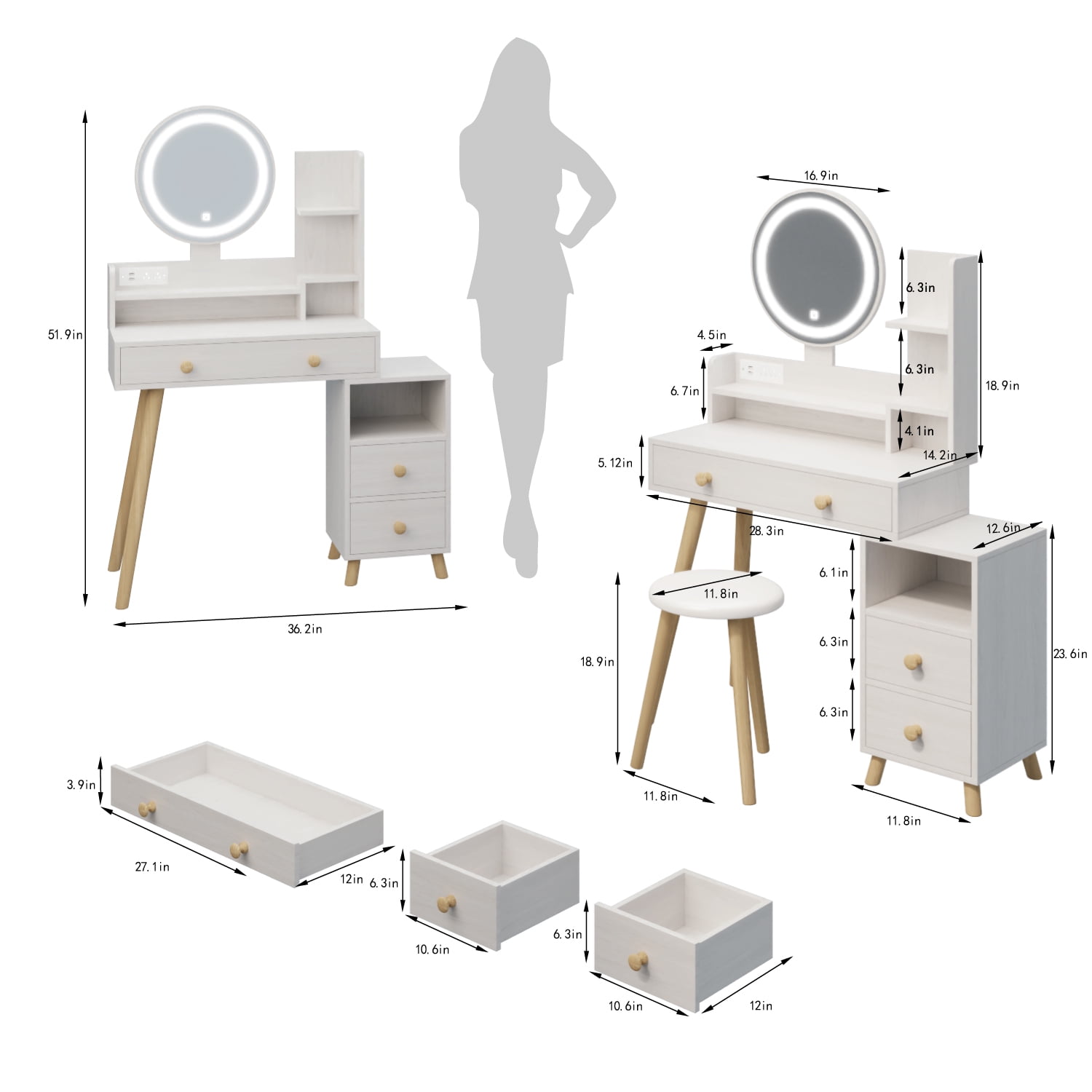 Resenkos Lighted Makeup Vanity Desk Set with Round Mirror&Power Outlet& Stool, Bedroom Dressing Table, White Oak Resenkos Lighted Makeup Vanity Desk Set with Round Mirror&Power Outlet& Stool, Bedroom Dressing Table, White Oak