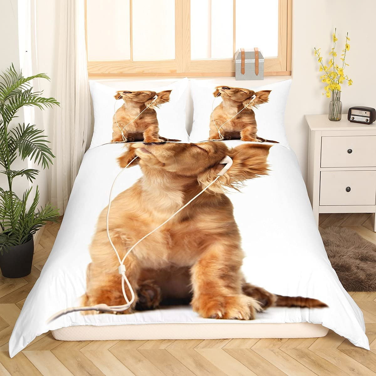 Kawaii Dog Comforter Cover Set Twin for Kids Boys Yellow Puppy Dog Bedding Set for Girls Women Kawaii Room Decor 3D Cute Animal Duvet Cover Teens Dog Listening Music Pattern Bedspread Cover