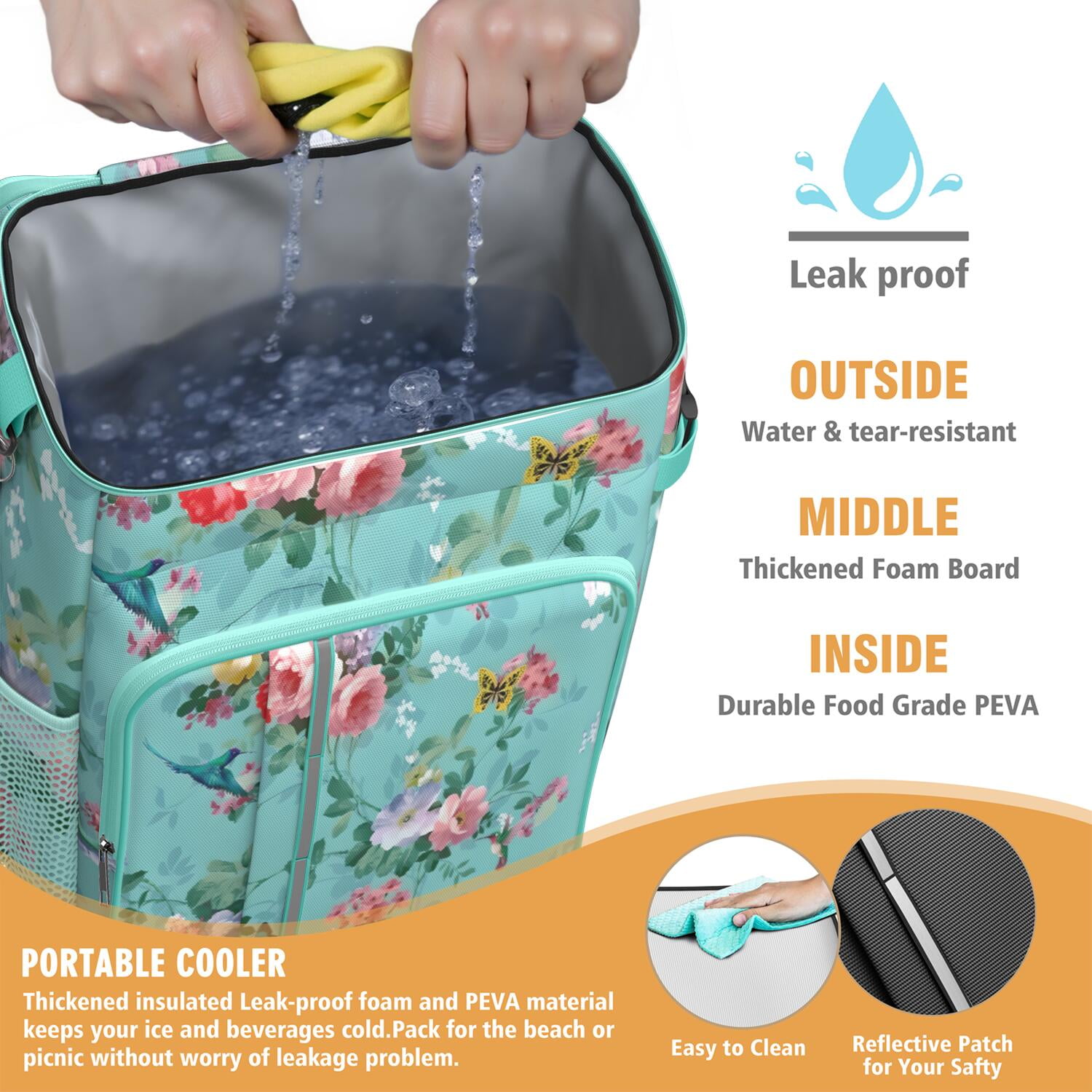 Travel Cooler Bag - Pioneer Flower Floral Print Pattern Camping Beer Cooler Backpack with Bottle Opener- Waterproof Insulated Picnic Backpacks - Cooler Bag for Beach