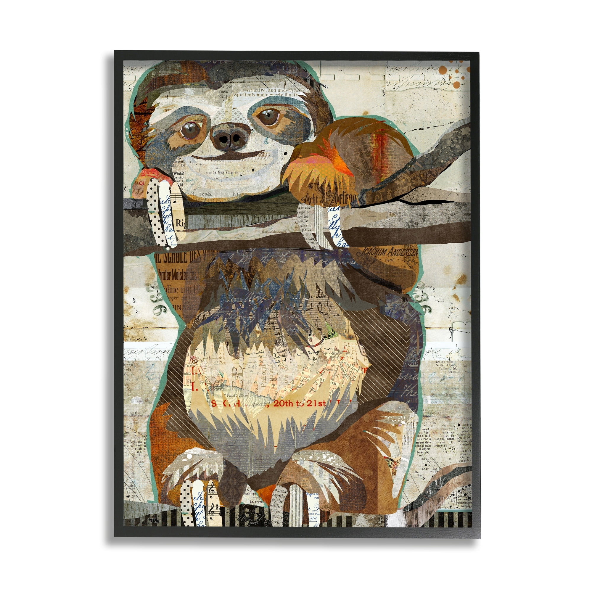 Stupell Industries Smiling Sloth Patchwork Collage Jungle Animal Portrait Graphic Art White Framed Art Print Wall Art, Design by Traci Anderson