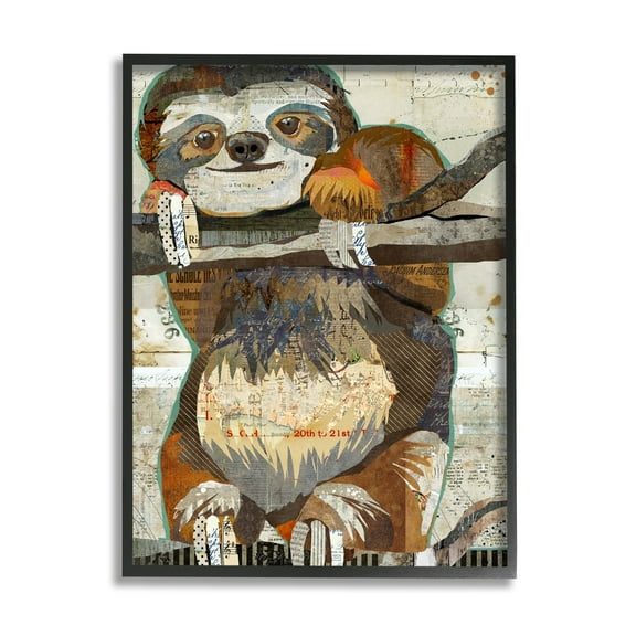 Stupell Industries Smiling Sloth Patchwork Collage Jungle Animal Portrait Graphic Art Black Framed Art Print Wall Art, Design by Traci Anderson