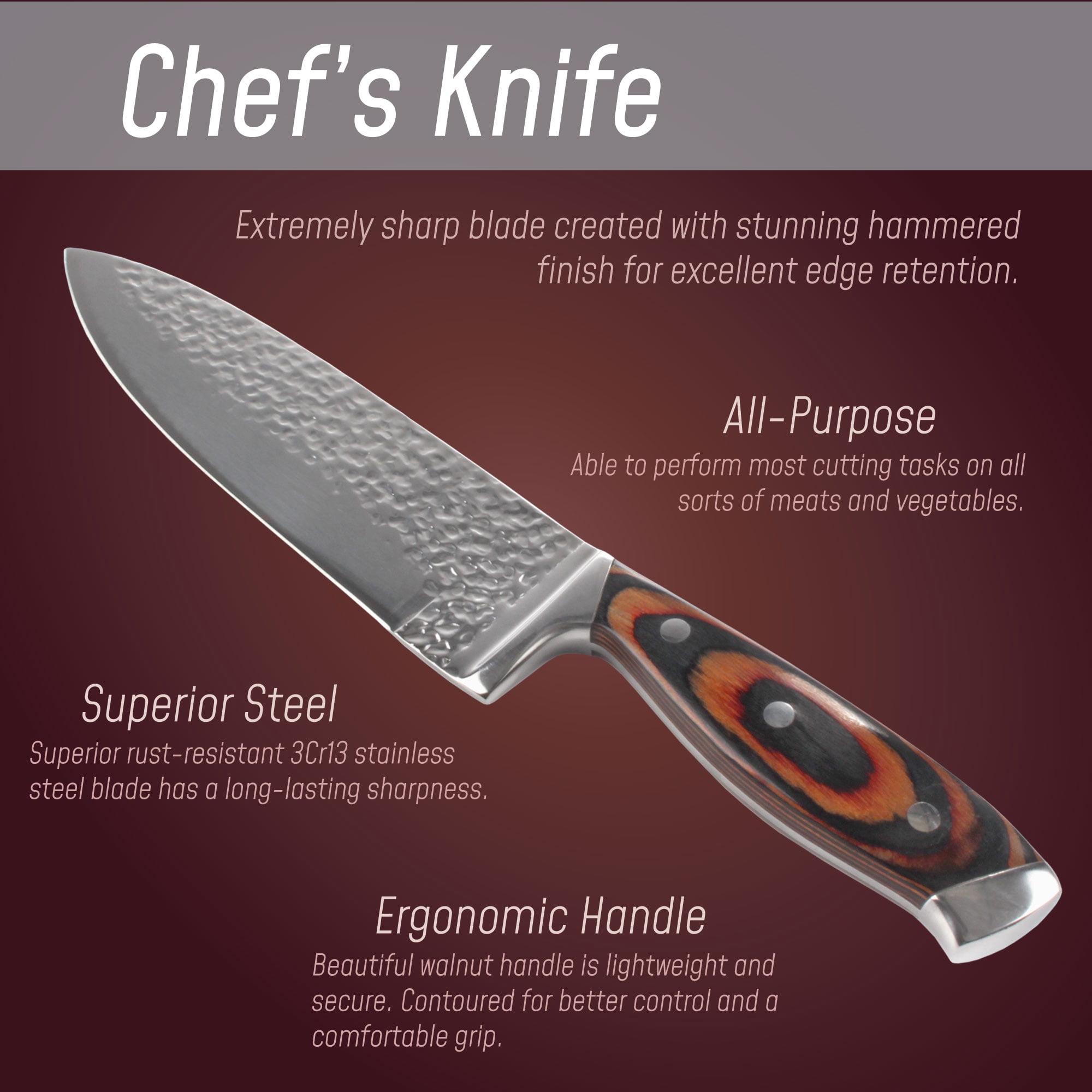 BambooMN Chef Knife - Hammered Blade Walnut Handle - 1 Knife
