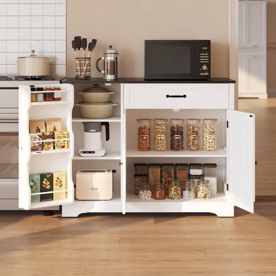 Aiho 42” Coffee Bar Cabinet with Storage, Kitchen Storage Cabinet, Sideboard Buffet Cabinet with 8 Shelves, 1 Drawer - White and Black