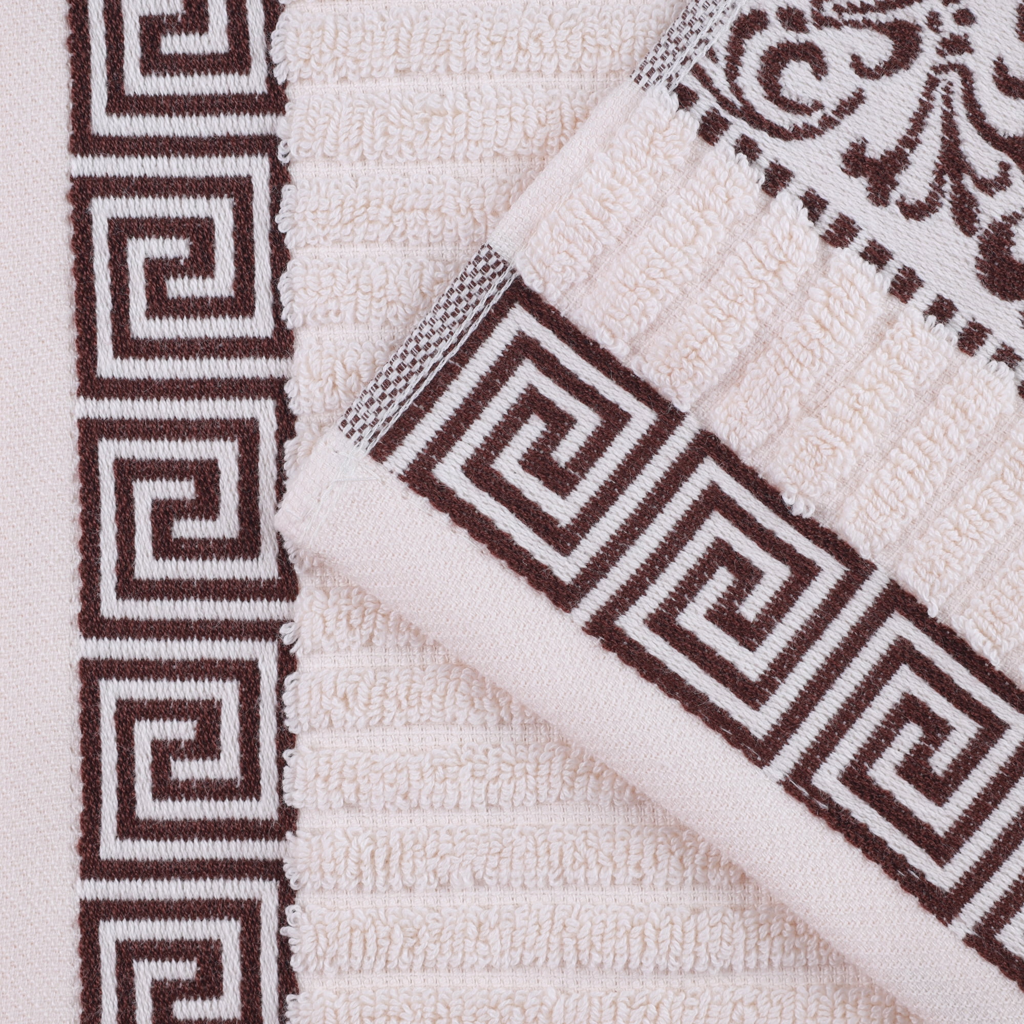 BNM Cotton Greek Scroll 6 Piece Towel Set, Ivory/Chocolate