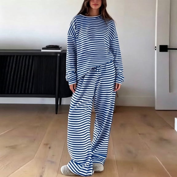 Women Oversized Striped Outfits Crew Neck Long Sleeve Pullover Tops Wide Leg Pants Set Loose Soft Loungewear Streetwear Outfit Blue M