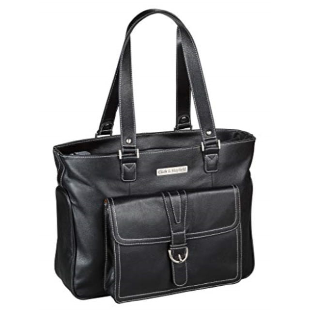 black leather laptop tote