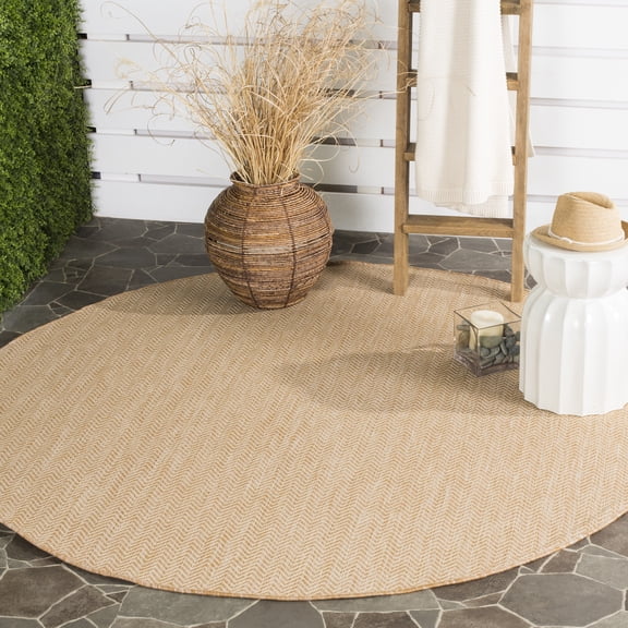 SAFAVIEH Courtyard Blazhe Chevron Indoor/Outdoor Area Rug, Natural/Cream, 7'10" x 7'10" Round