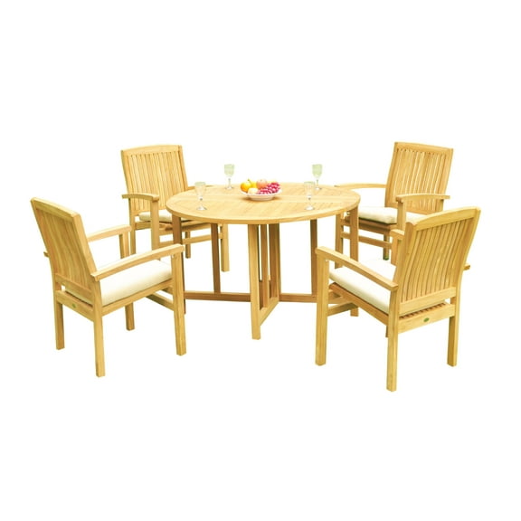 Grade-A Teak Dining Set: 4 Seater 5 Pc: 48" Round Butterfly Table And 4 Wave Stacking Arm Chairs Outdoor Patio WholesaleTeak #51WV0905