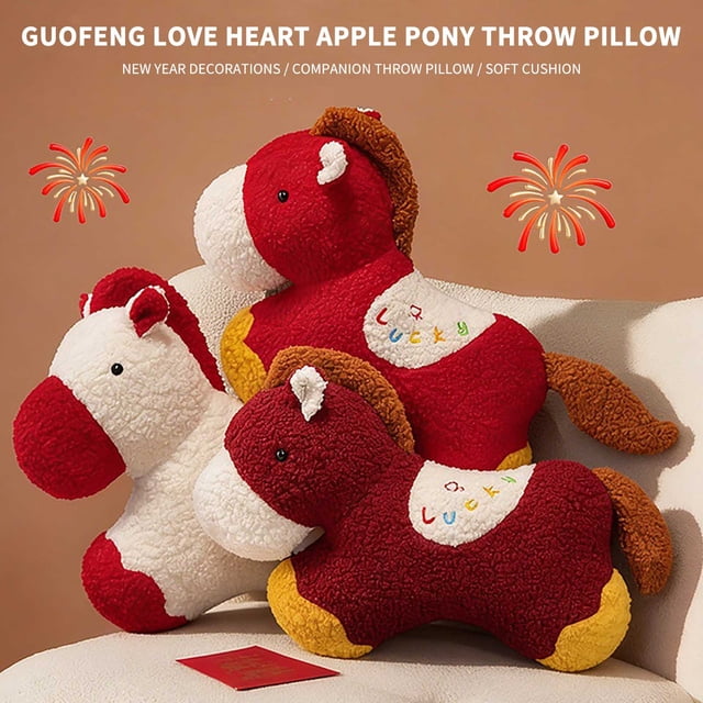 Sentmoon Petits Animaux en Peluche Peluches pour Garçons Coussins Décoratifs Doux Rouges Coussin Cheval de Forme Irrégulière Coussin Doux pour Sofa Salon Voiture Cadeau Décoratif Thème Année du Cheval de Feu 2026