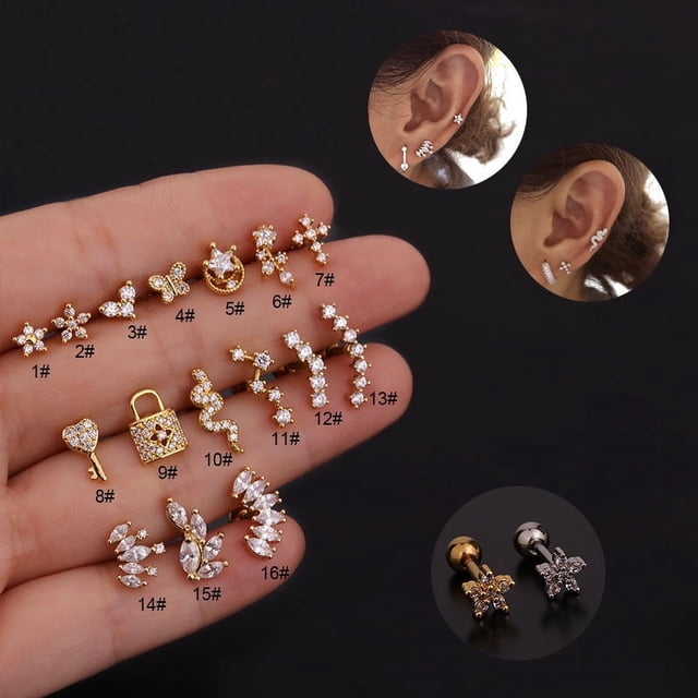 Clavo de hueso de oreja de circonita, clavo de acero inoxidable con rosca, clavo de oreja, joyería creativa y distintiva para mujer