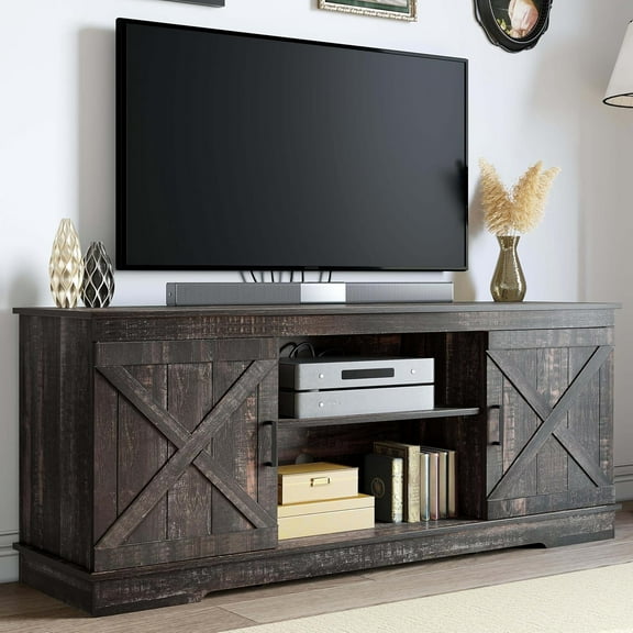 Farmhouse TV Stand for 65 Inch TV, Mid Century Modern Entertainment Center with Double Barn Doors, Rustic TV Media Console TV Cabinet for Living Room, Dark Oak