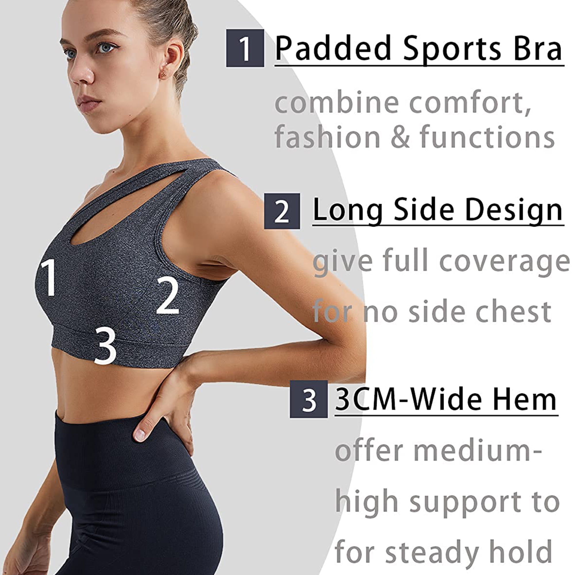 Elbourn One Shoulder Sports Bra for Women Sexy Cute Workout Yoga Bra Medium  Support 3 Pack 