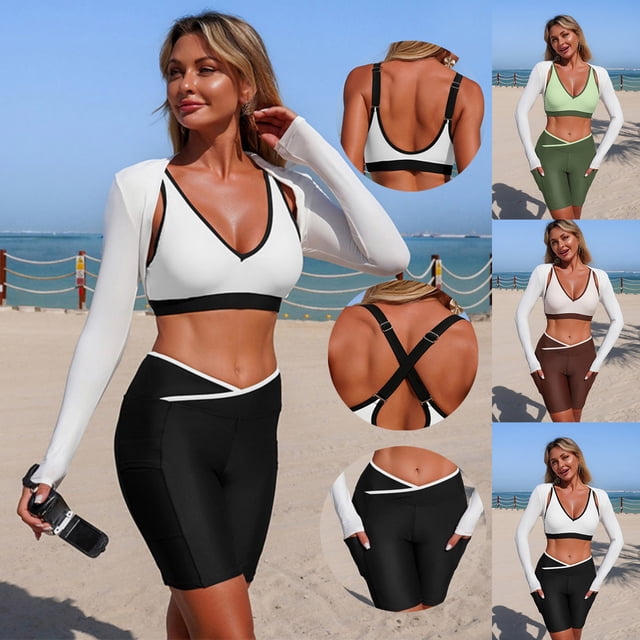 Sentmoon Bikini Set Women's Bathing Suits Plus Size Women Swimsuits Curvy Solid Color Sporty Womens Bikini The Holiday for Tummy Control and Full Coverage White S