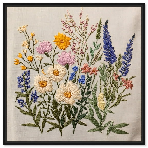 Needlepoint Prairie Posy Canvas Floral Prints by Art Remedy, Black Frame, 12 x 12