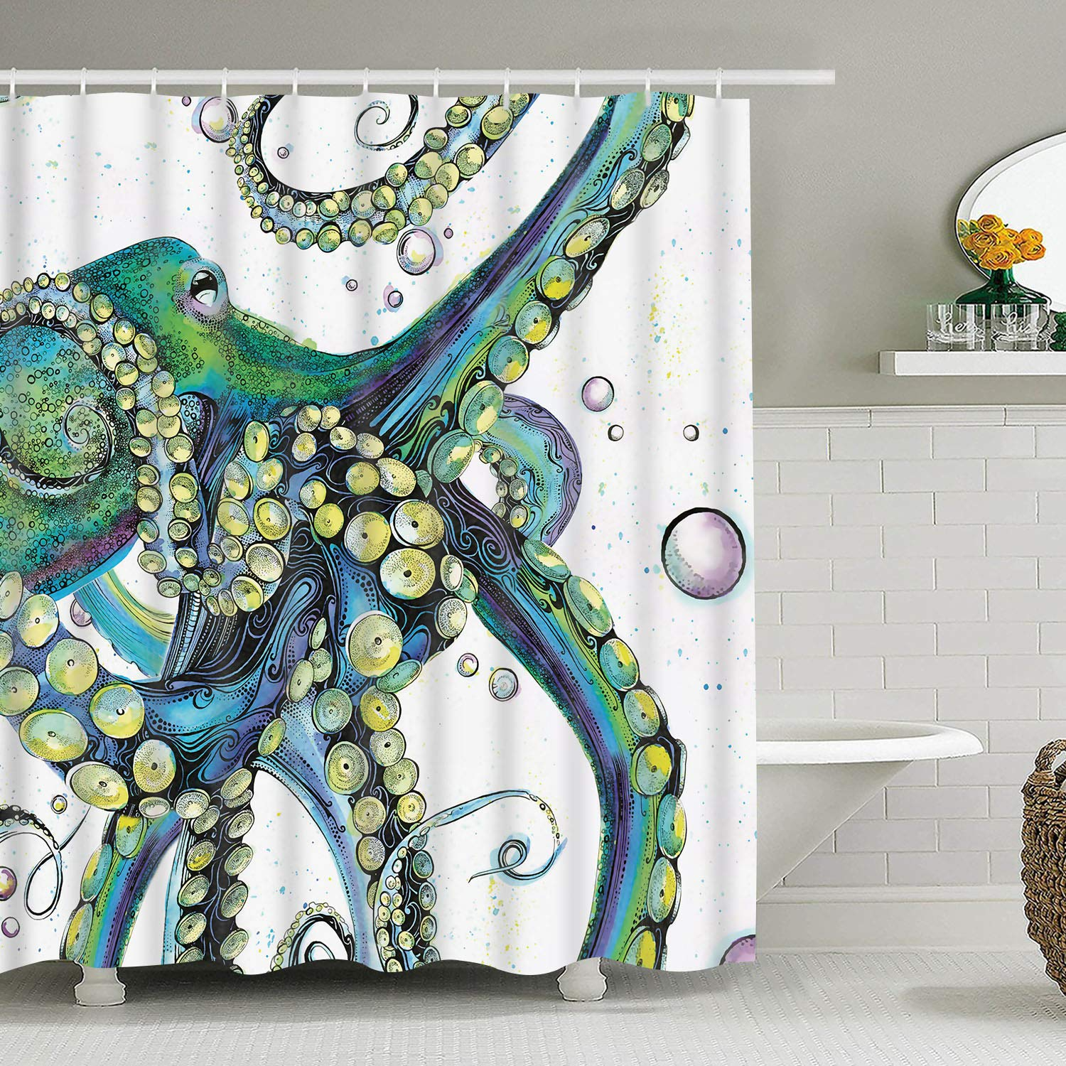 Bathroom Fabric Shower Curtain Octopus tentacles 72x72 12 Hooks & Bath Mat 8115 