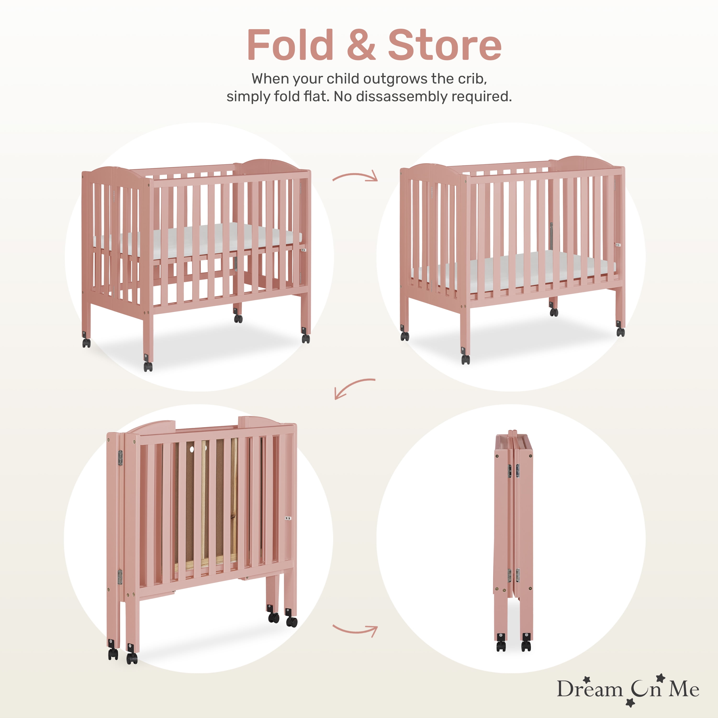 Dream On Me 2-in-1 Folding Portable Mini Crib in Dusty Pink, Mattress Pad Included, Easy to Fold and Store Baby Crib, Two Adjustable Mattress Height positions Convertible Crib