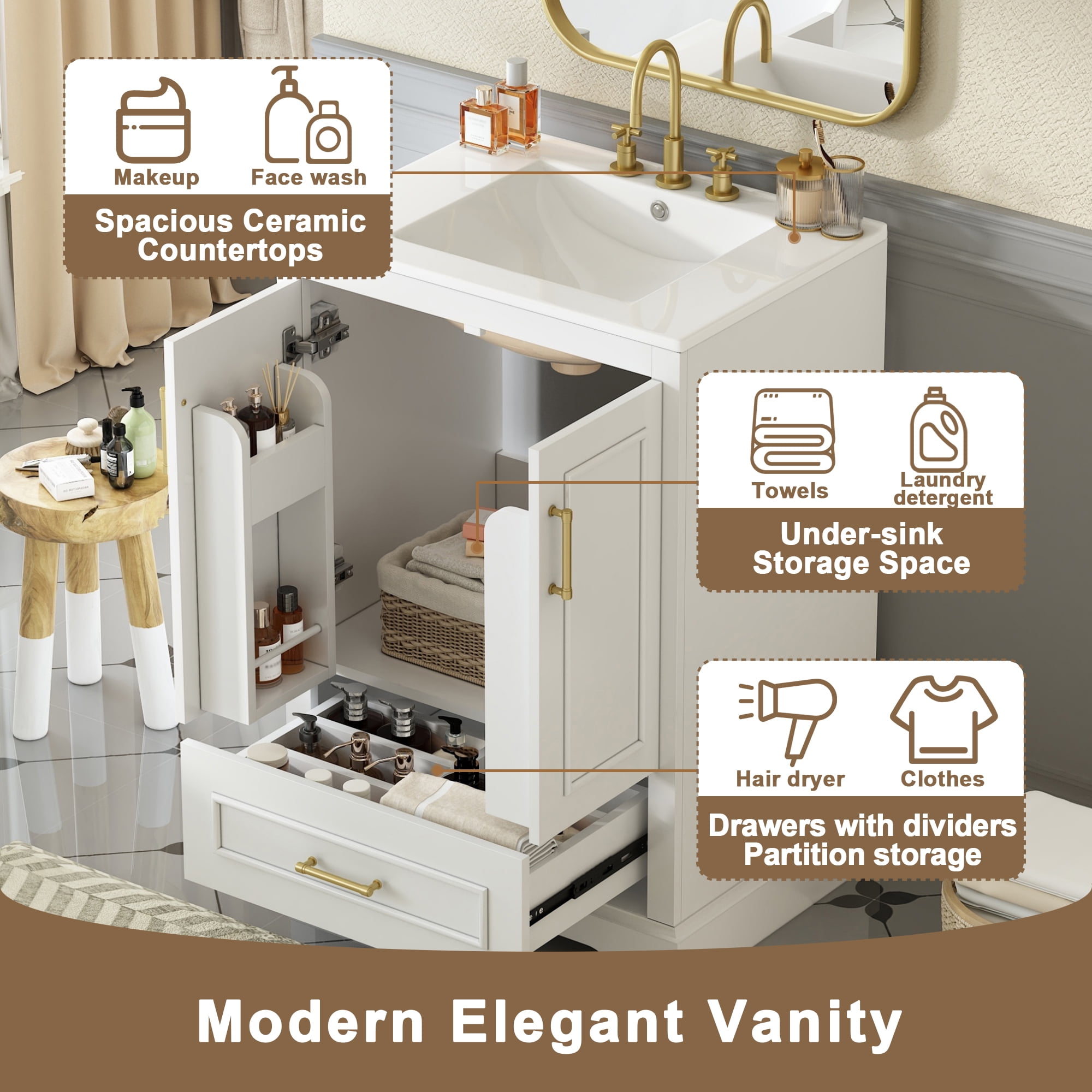 24" Durable Solid Wood Frame Bathroom Vanity with Storage, Modern Minimalist Bathroom Vanity with Ceramic Sink, Freestanding Storage Cabinet with Soft Close Doors for Bathroom Organization, White