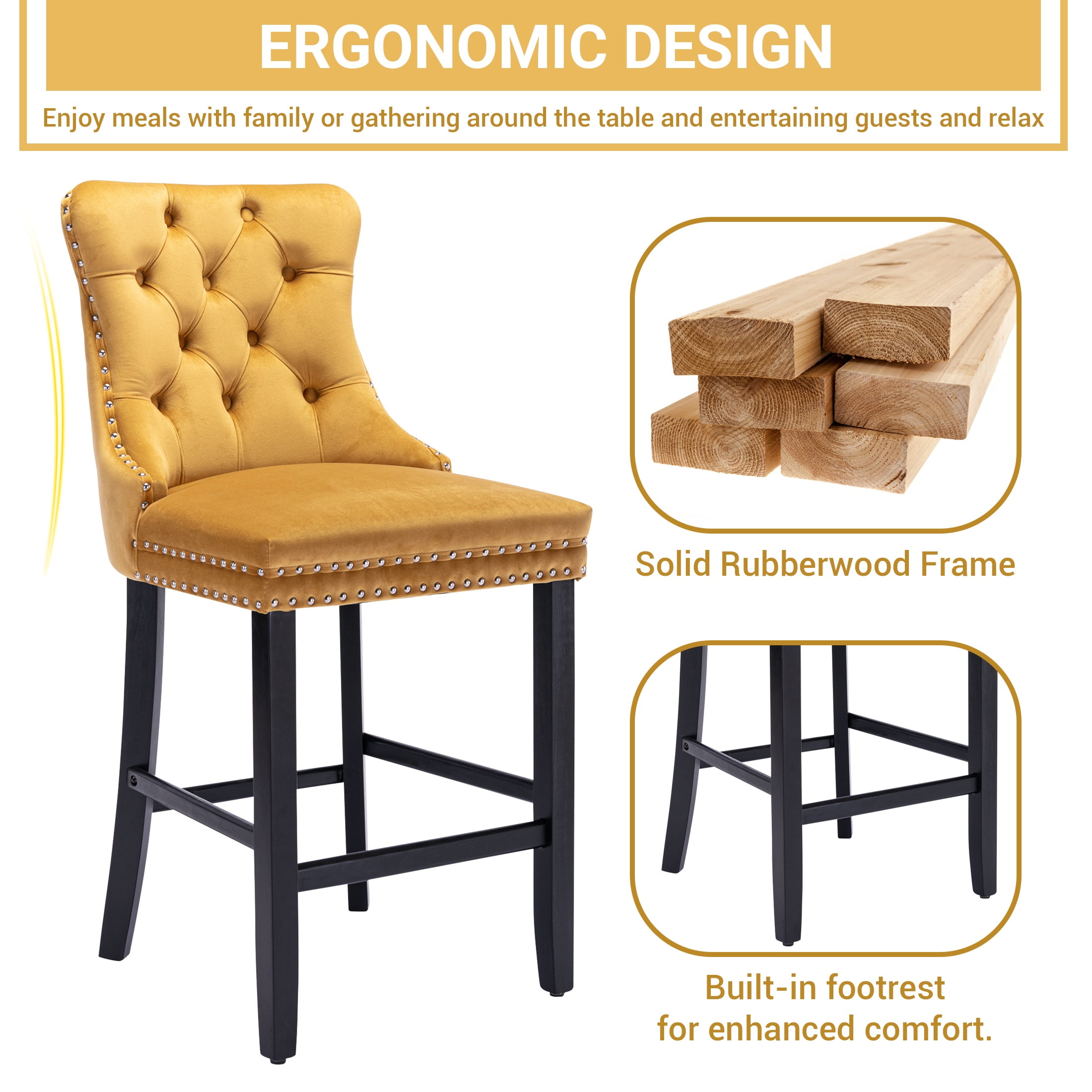 Paproos Upholstered Bar Stools Set of 2, Velvet Barstools with Wood Legs and Tufted, Modern Leisure Counter Height Bar Chairs with Chrome Nailhead Trim for Home Pub and Kitchen Island, Gold