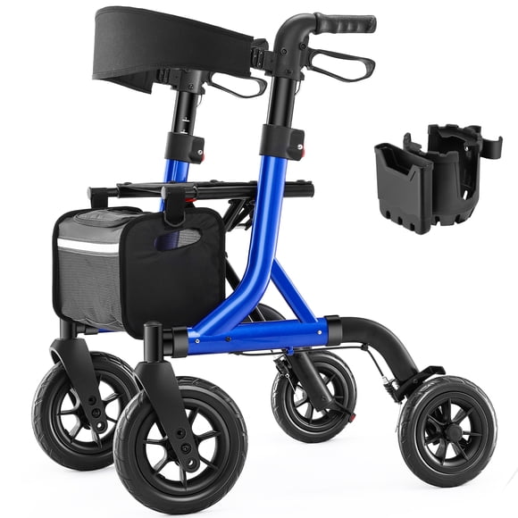 MAXWALK All-Terrain Rollator Walker for Seniors, 10" Rubber Wheels Foldable Walker with Padded Seat, Adjustable Mobility Walking Aid, Blue