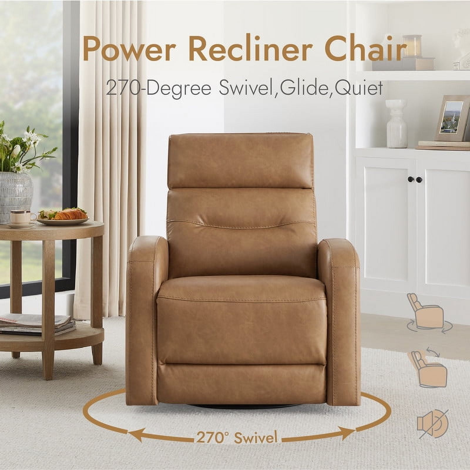 CHITA Power Glider Recliner Chair, 270° Swivel Recliner with USB & Type-C Charge for Nursery, Faux Leather in Camel