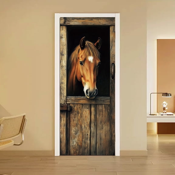 2 Pcs Self-Adhesive Door Sticker 31.5"x78.7" Horse Pattern Door Murals Stickers PVC Furniture Removable Wallpaper Decoration for Bedrooms ​Living Room