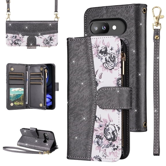 Furiet for Google Pixel 9A Floral Wallet Case with Flip Zipper Purse Wrist/Shoulder Strap, Luxury Glitter PU Leather Card Holder Stand Accessories Cell Phone Cover for Pixel9A A9 5G Women Black