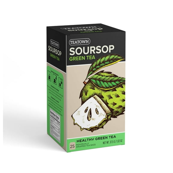 Premium Caffeinated Ceylon Soursop Graviola Green Tea Bags: 25 Count Individually Wrapped Teabags All-Natural Exotic Fruit Essence & Aroma Hot or Iced Tea Brew (25-Pack)