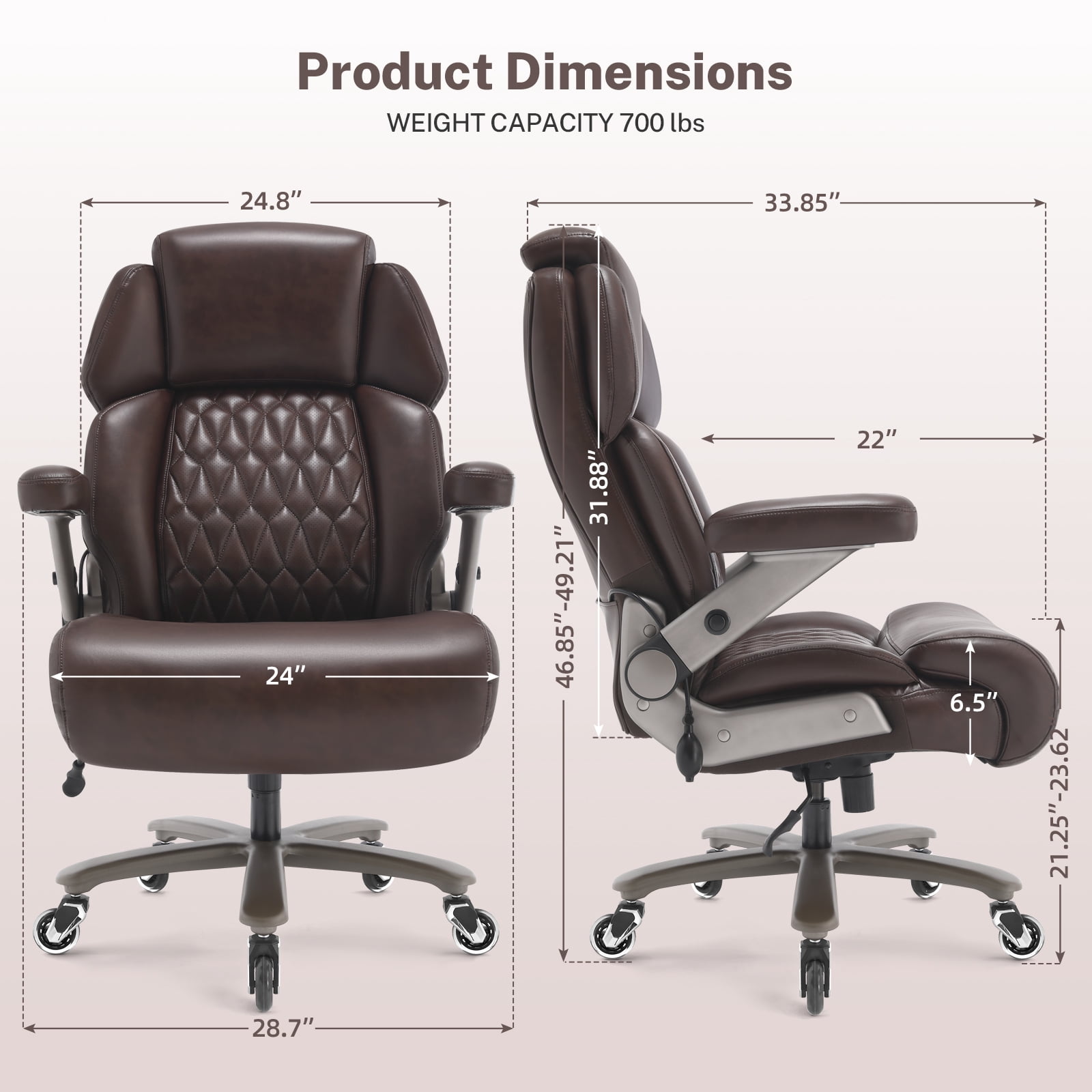 WOSDOM 700lbs Big and Tall Office Chair, Heavy Duty Executive Chair, Extra Wide Seat, Adjustable Headrest and Lumbar Support, 3D Flip up Arms, Brown