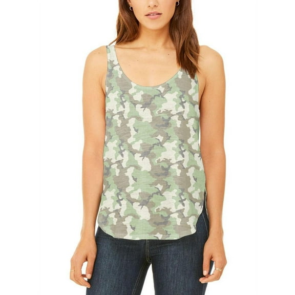 Green Woodland Camo Light Juniors Flowy Side Slit Tank Top Multi LG