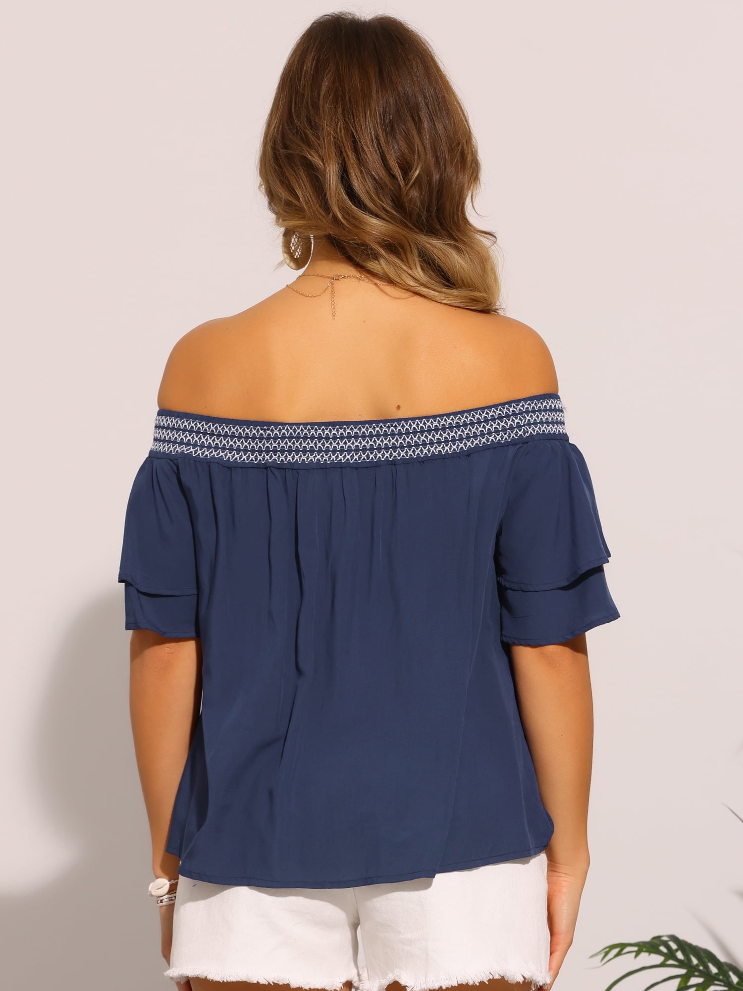 DARING DIVA Women's Ruffle Off Shoulder Short Sleeve Smocked Boho Blouse XS Dark Blue