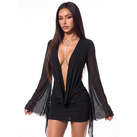 Black Deep V-Neck Long Bell Sleeve Sheer Mesh Backless Mini Dress For