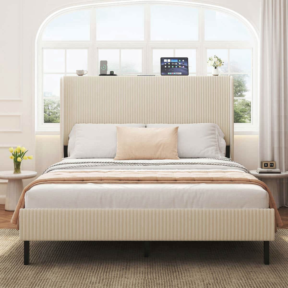 Barara King Bedroom Bed Frame, Bed Platform Frame,Queen Size Platform Bed, Metal Bed Frame with Charging Station, No Box Spring Needed, Beige
