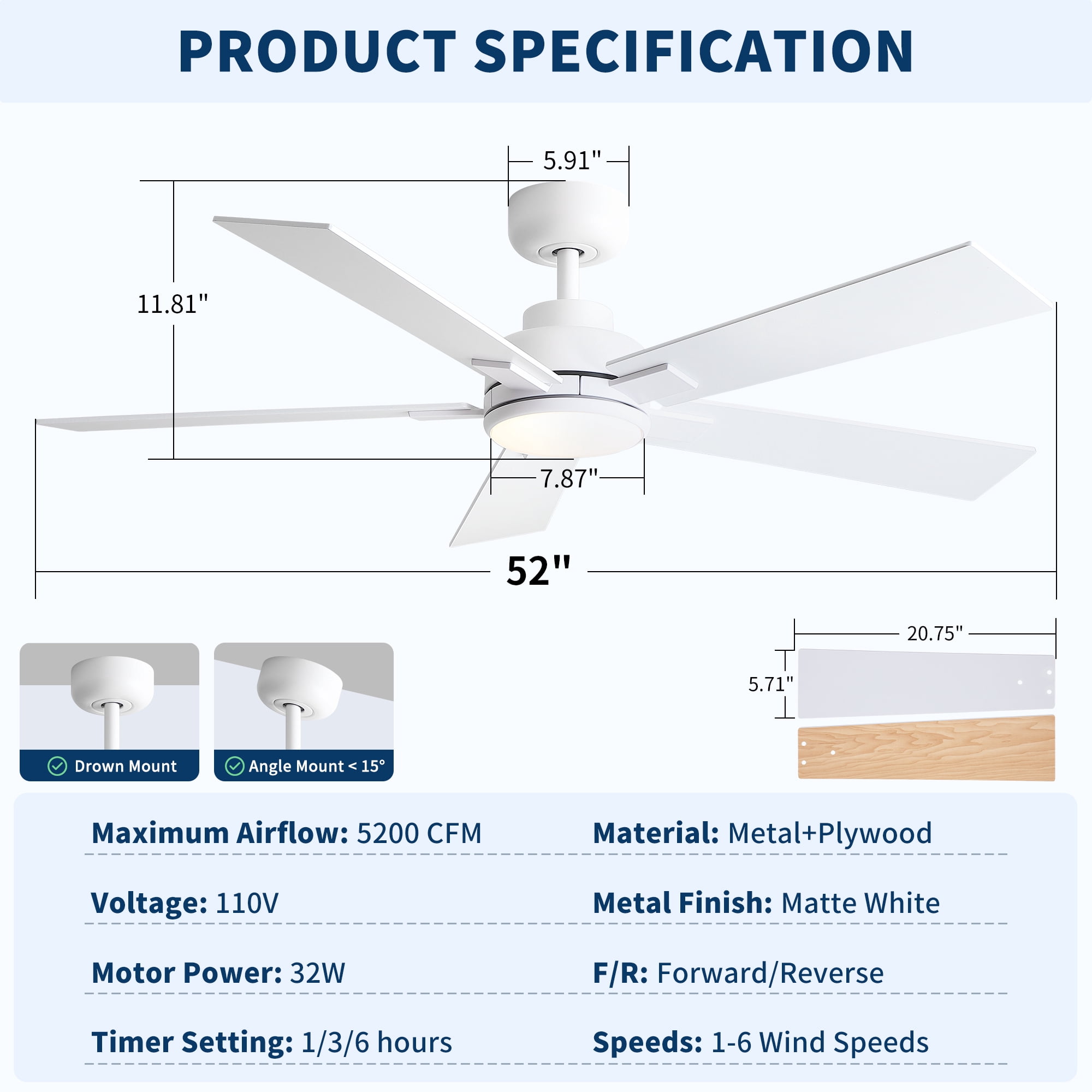 Leumius 52" Ceiling Fan with Light and Remote with Quiet DC Motor, Reversible Blades, Dimmable 3CCT LED Light for Living Room Bedroom Matte White