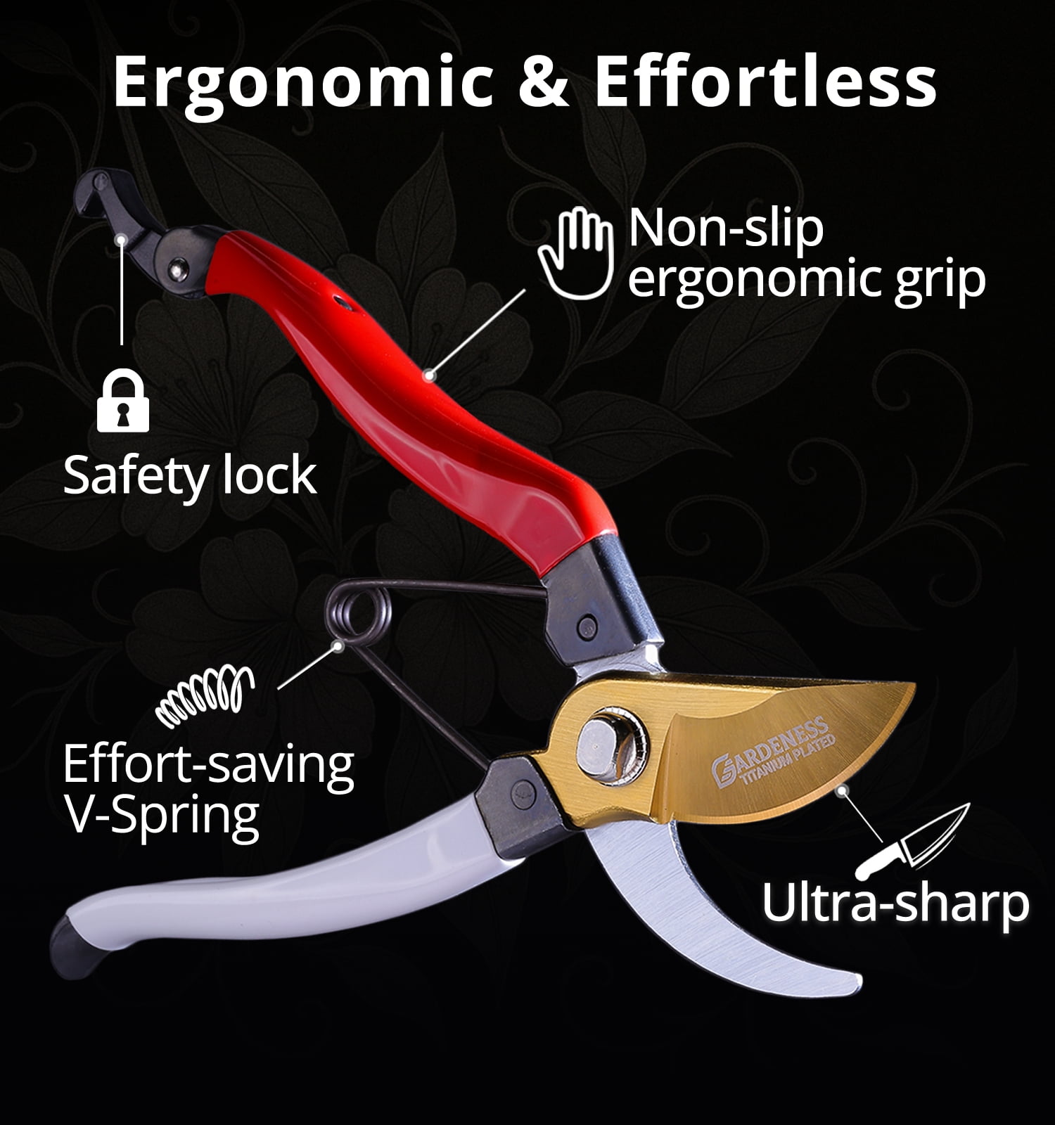 Gardeness Titanium Plating Japanese Pruning Shears, Professional Bypass Heavy Duty Garden Pruner Secateurs – Lightweight Easy Grip Branch Clippers Hand Pruners for Gardening, Trimming, Harvesting.