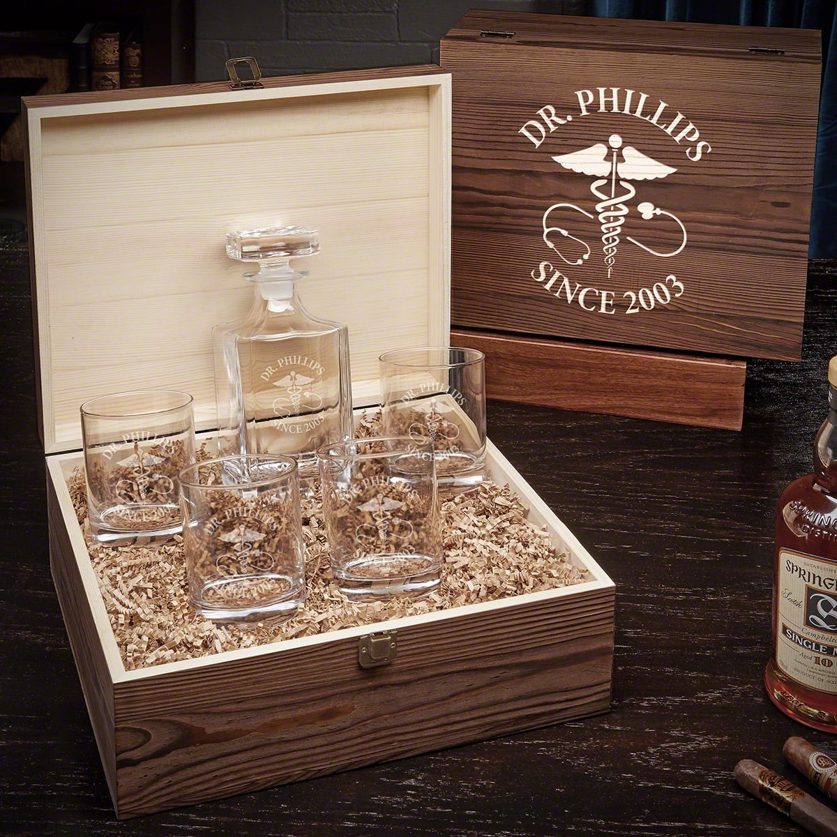 Caduceus Custom Carson Whiskey Decanter and Rocks Glasses Box Set