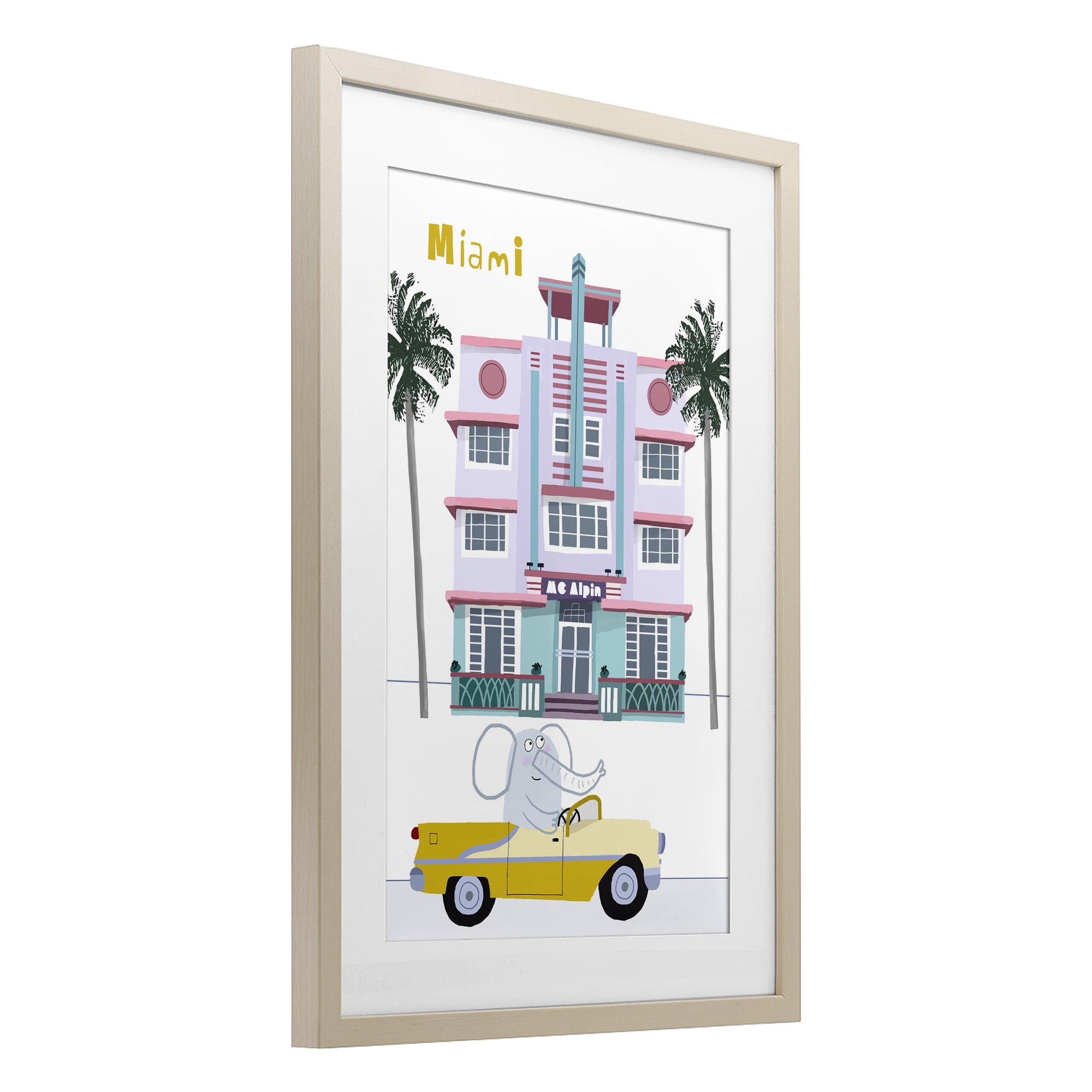 Elephant & Miami Hotel Birch Framed Print Under Glass, design by Carla Daly