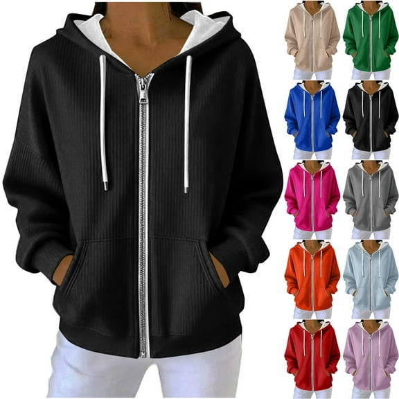 Otntypg Full Zip up Waffle Knit Hoodie Jackets for Women Lightweight Casual Fall Winter Long Sleeve Drawstring Hooded Pullover Sweatshirts Loose Oversized Outwear Coat with Pockets Hot Pink XL