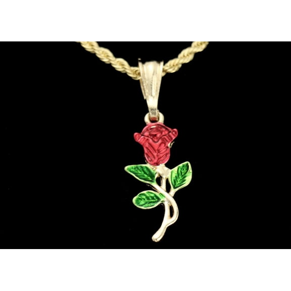 14k Bonded Gold Necklace with Red Rose Pendent, Best Christmas Unisex Gift for Women, Men Mother, Father, Girlfriend, Boyfriend, Her, Him, Rope Chain with Charm by Artisan Jeweler