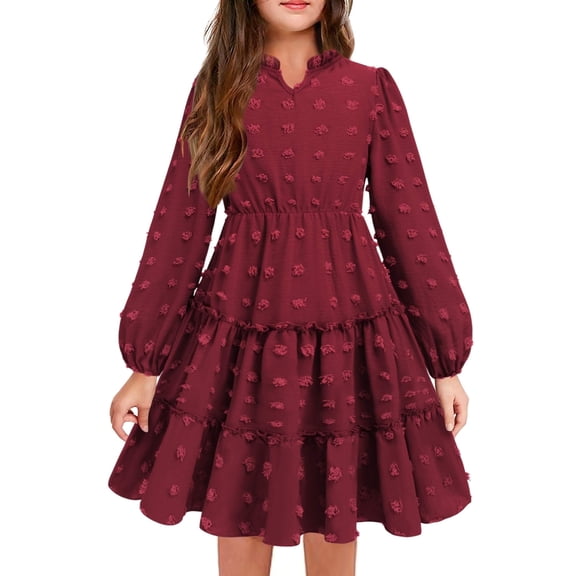Arshiner Girls' Dresses V neck Long Sleeve Chiffon Swiss Dot Ruffle Tiered Boho Party Midi Dress